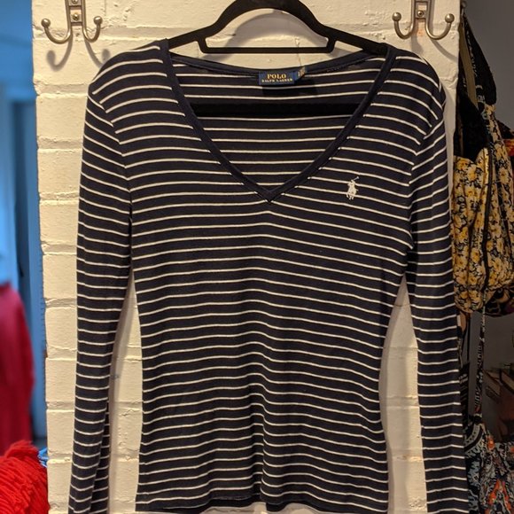 Ralph Lauren Striped Jersey V-Neck Long Sleeve - Picture 1 of 1